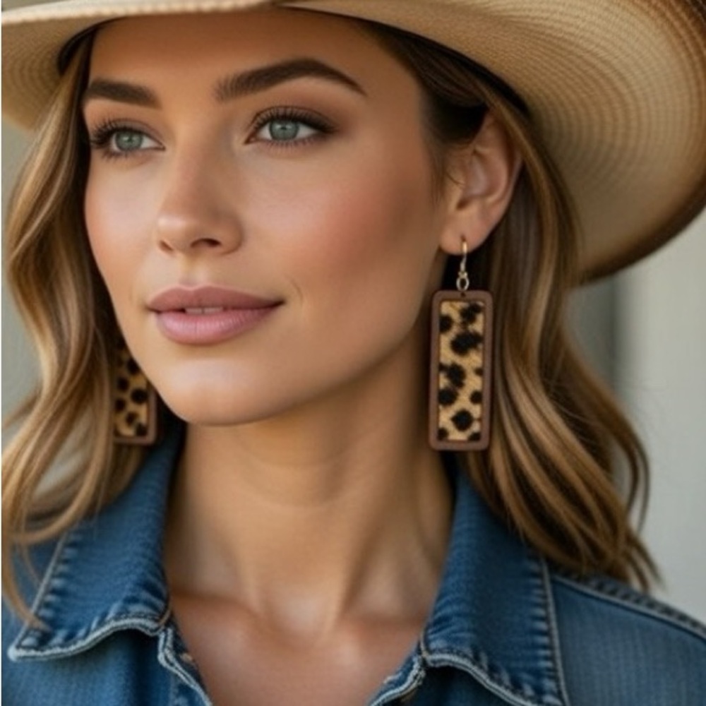 Handcrafted wood and cow hide earrings